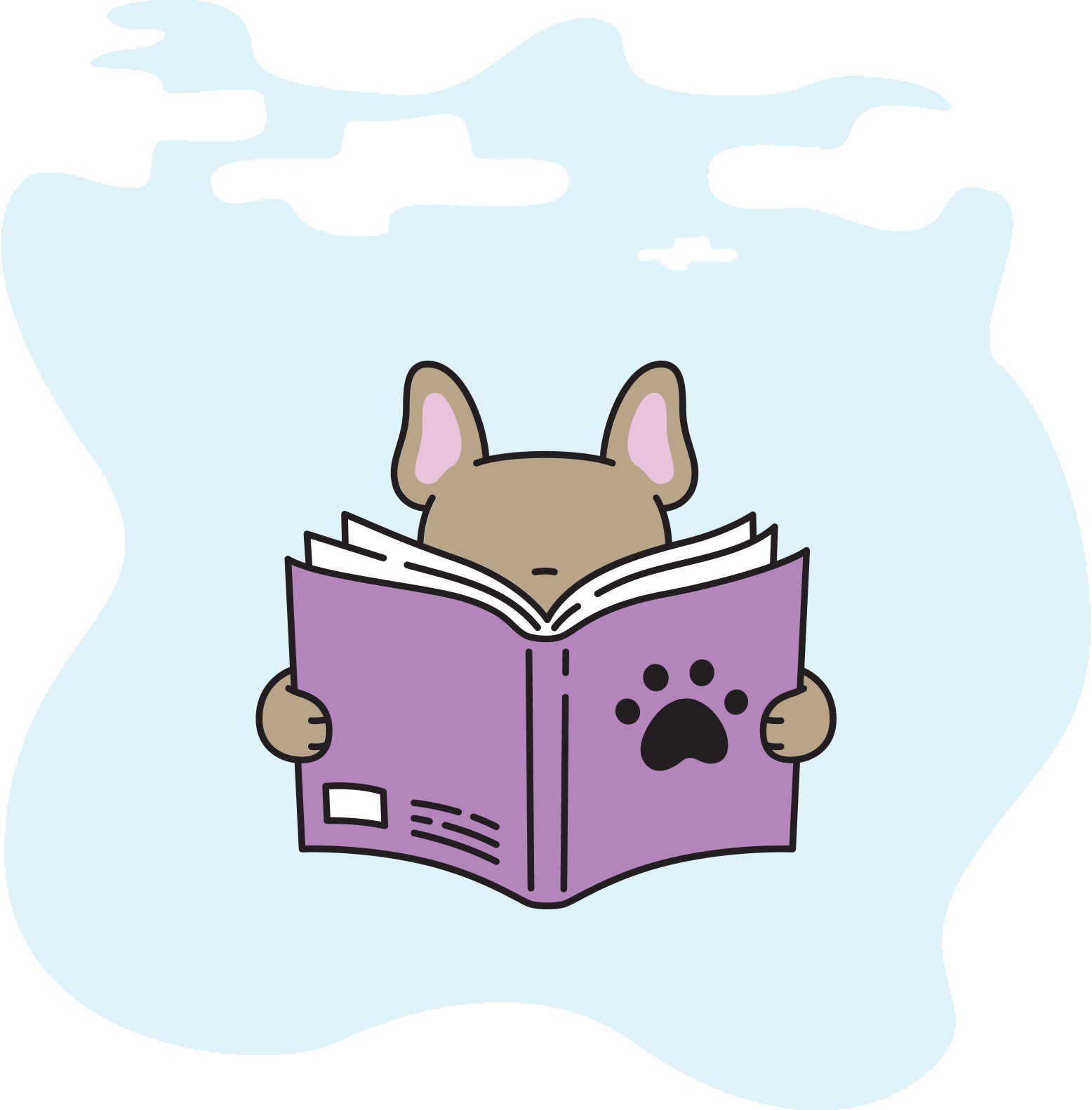 Cartoon puppy reading a book.